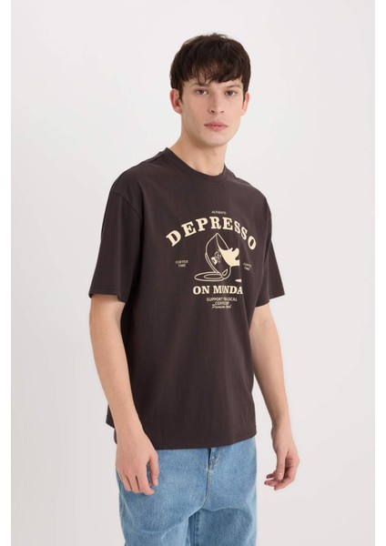 %100 Pamuk Boxy Fit Bisiklet Yaka Baskılı Kısa Kollu Tişört D5589AX25SP