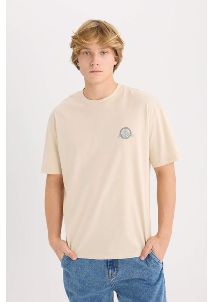 %100 Pamuk Boxy Fit Bisiklet Yaka Sırt Baskılı Kısa Kollu Tişört D7815AX25SP