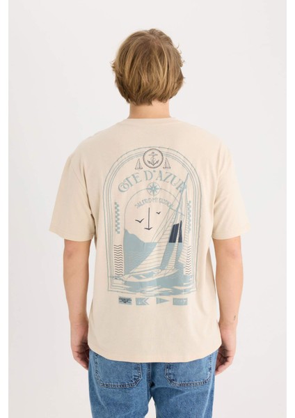 %100 Pamuk Boxy Fit Bisiklet Yaka Sırt Baskılı Kısa Kollu Tişört D7815AX25SP