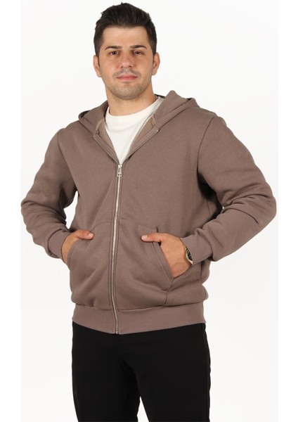 5487 Fermuarlı Kapşonlu Kanguru Cep 3 Iplik Şardonlu Sweat