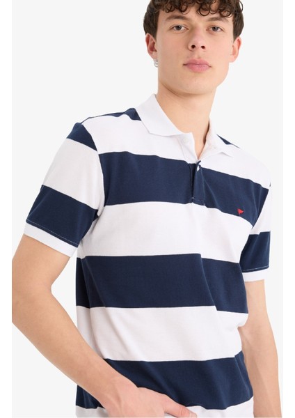 %100 Pamuk Regular Fit Polo Yaka Çizgili Kısa Kollu Tişört D7934AX25SP