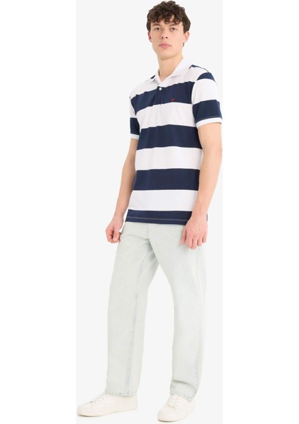 %100 Pamuk Regular Fit Polo Yaka Çizgili Kısa Kollu Tişört D7934AX25SP