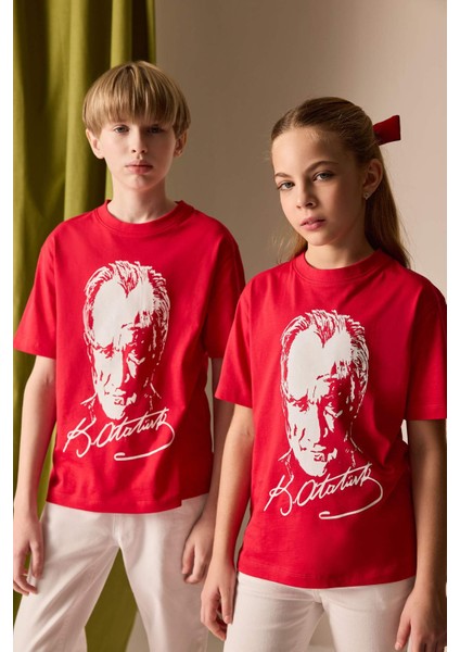 Erkek Çocuk Bisiklet Yaka Atatürk Baskılı Kısa Kollu Tişört B6938A825SM