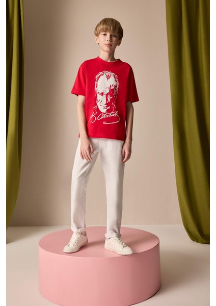 Erkek Çocuk Bisiklet Yaka Atatürk Baskılı Kısa Kollu Tişört B6938A825SM