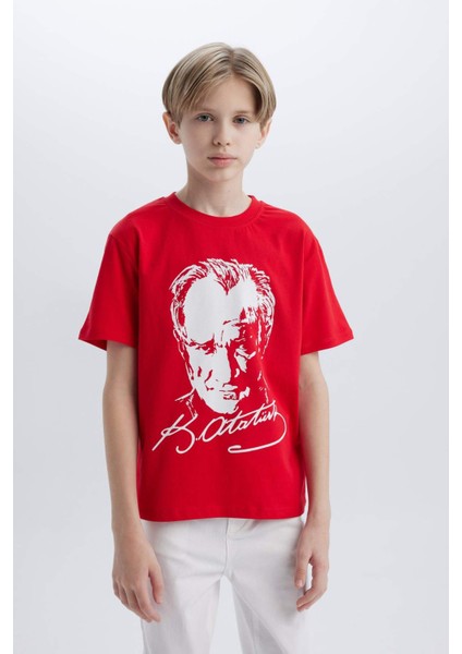 Erkek Çocuk Bisiklet Yaka Atatürk Baskılı Kısa Kollu Tişört B6938A825SM