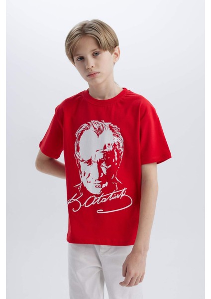 Erkek Çocuk Bisiklet Yaka Atatürk Baskılı Kısa Kollu Tişört B6938A825SM