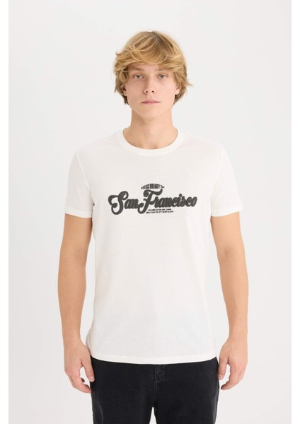 %100 Pamuk Slim Fit Dar Kesim Bisiklet Yaka Baskılı Kısa Kollu Tişört D5572AX25SP