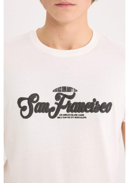 %100 Pamuk Slim Fit Dar Kesim Bisiklet Yaka Baskılı Kısa Kollu Tişört D5572AX25SP