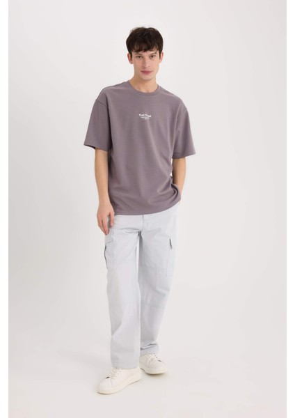 Boxy Fit Bisiklet Yaka Ütü Gerektirmeyen Nefes Alabilen Baskılı Kısa Kollu Ağır Kumaş Tişört D5518AX25SP