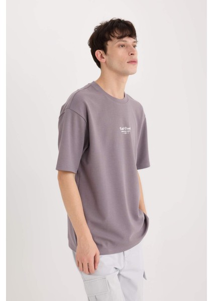 Boxy Fit Bisiklet Yaka Ütü Gerektirmeyen Nefes Alabilen Baskılı Kısa Kollu Ağır Kumaş Tişört D5518AX25SP