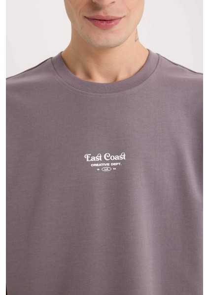 Boxy Fit Bisiklet Yaka Ütü Gerektirmeyen Nefes Alabilen Baskılı Kısa Kollu Ağır Kumaş Tişört D5518AX25SP