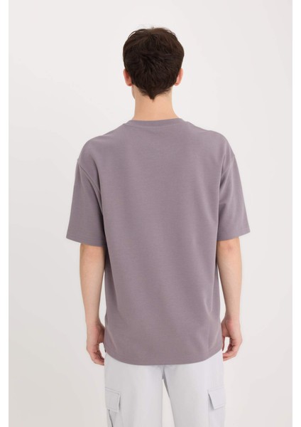 Boxy Fit Bisiklet Yaka Ütü Gerektirmeyen Nefes Alabilen Baskılı Kısa Kollu Ağır Kumaş Tişört D5518AX25SP