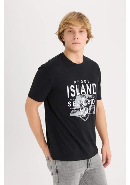 %100 Pamuk Regular Fit Bisiklet Yaka Baskılı Kısa Kollu Tişört D9353AX25SP