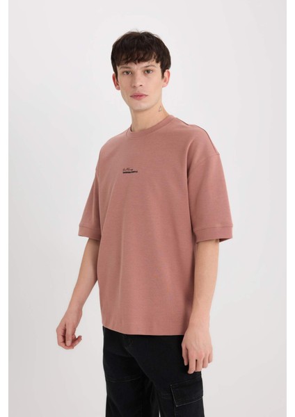 Loose Fit Bisiklet Yaka Baskılı Ağır Kumaş Tişört D8462AX25SP