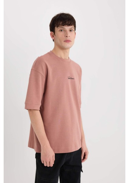 Loose Fit Bisiklet Yaka Baskılı Ağır Kumaş Tişört D8462AX25SP