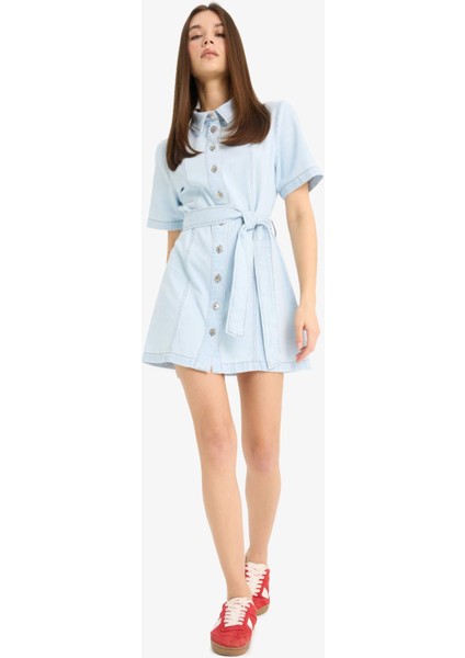 Polo Yaka Düğmeli Kuşaklı Kısa Kollu Mini Jean Elbise E1287AX25SM