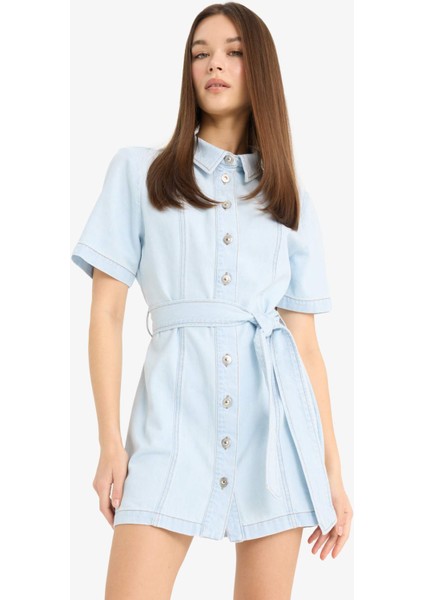 Polo Yaka Düğmeli Kuşaklı Kısa Kollu Mini Jean Elbise E1287AX25SM