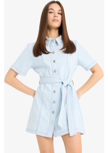 Polo Yaka Düğmeli Kuşaklı Kısa Kollu Mini Jean Elbise E1287AX25SM
