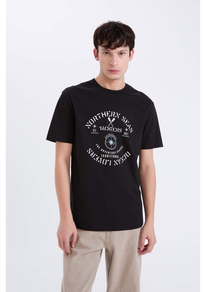 %100 Pamuk Regular Fit Bisiklet Yaka Baskılı Kısa Kollu Tişört E1329AX25SP