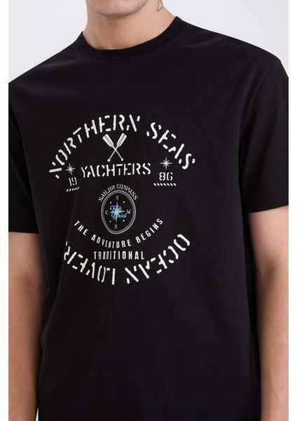 %100 Pamuk Regular Fit Bisiklet Yaka Baskılı Kısa Kollu Tişört E1329AX25SP