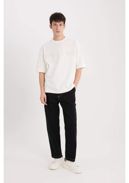 Loose Fit Bisiklet Yaka Baskılı Kısa Kollu Ağır Kumaş Tişört D5756AX25SP