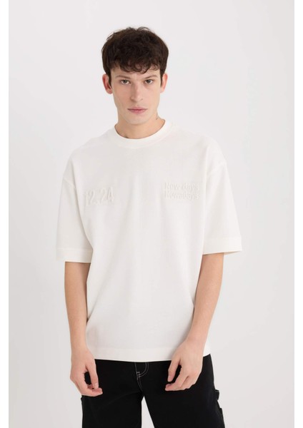 Loose Fit Bisiklet Yaka Baskılı Kısa Kollu Ağır Kumaş Tişört D5756AX25SP