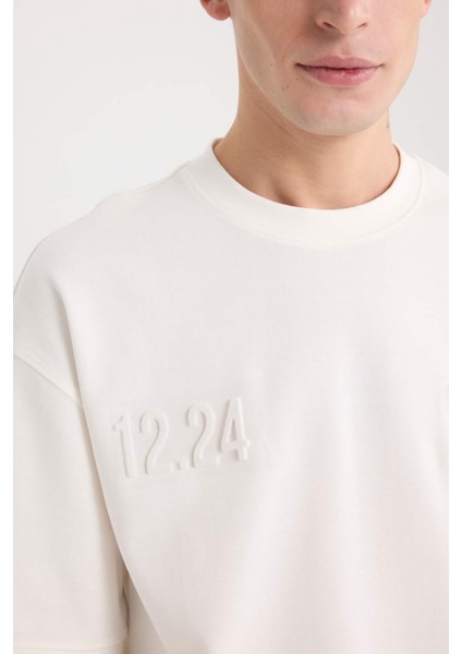 Loose Fit Bisiklet Yaka Baskılı Kısa Kollu Ağır Kumaş Tişört D5756AX25SP