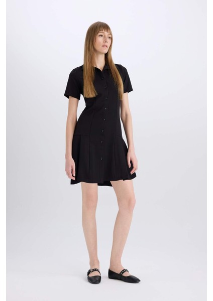 Polo Yaka Basic Düz Kısa Kollu Pileli Mini Elbise D4203AX24AU
