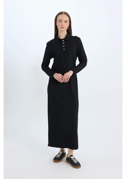 Regular Fit Gömlek Yaka Basic Düz Uzun Kollu Pike Maxi Elbise E1417AX24WN