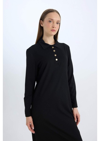 Regular Fit Gömlek Yaka Basic Düz Uzun Kollu Pike Maxi Elbise E1417AX24WN