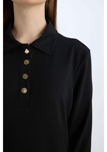 Regular Fit Gömlek Yaka Basic Düz Uzun Kollu Pike Maxi Elbise E1417AX24WN