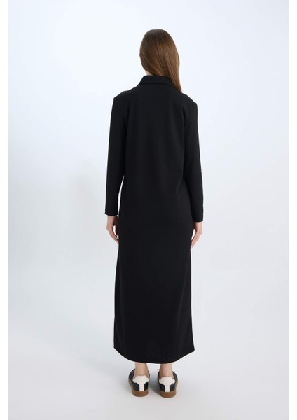 Regular Fit Gömlek Yaka Basic Düz Uzun Kollu Pike Maxi Elbise E1417AX24WN