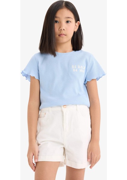 Kız Çocuk Slim Fit Dar Kesim Bisiklet Yaka Baskılı Fitilli Kaşkorse Kısa Kollu Tişört D9537A825SM