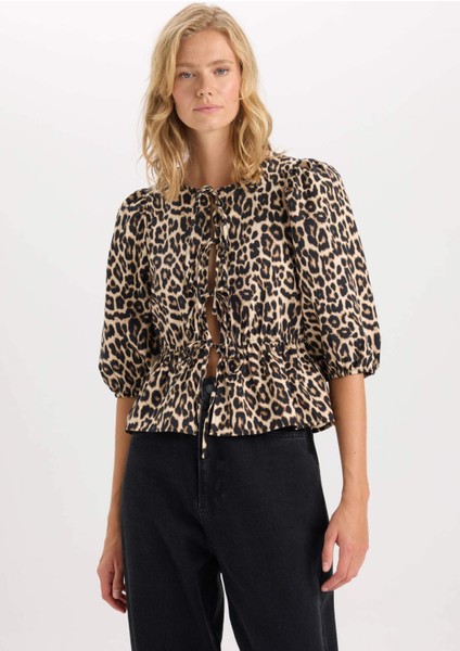 Fitted Yuvarlak Yaka Leopar Desenli Önü Bağlamalı Poplin Uzun Kollu Bluz E1368AX24AU