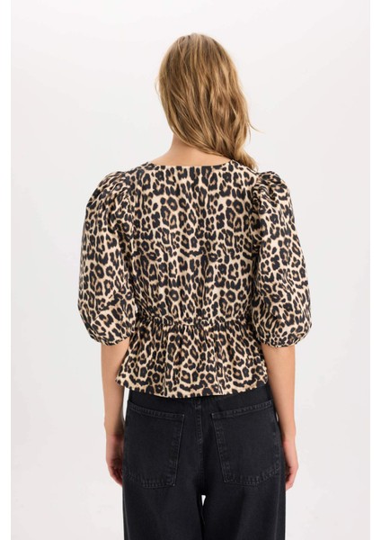 Fitted Yuvarlak Yaka Leopar Desenli Önü Bağlamalı Poplin Uzun Kollu Bluz E1368AX24AU