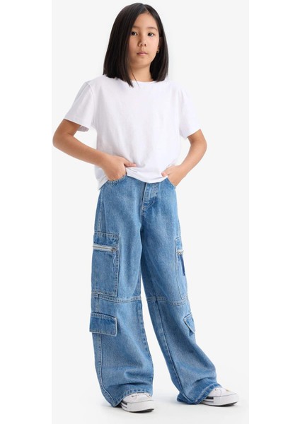 Kız Çocuk Wide Leg Kargo Geniş Bol Paça Jean Pantolon D9695A825SM