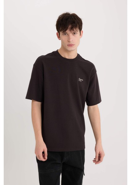 Boxy Fit Bisiklet Yaka Ütü Gerektirmeyen Nefes Alabilen Baskılı Kısa Kollu Ağır Kumaş Tişört D5507AX25SP