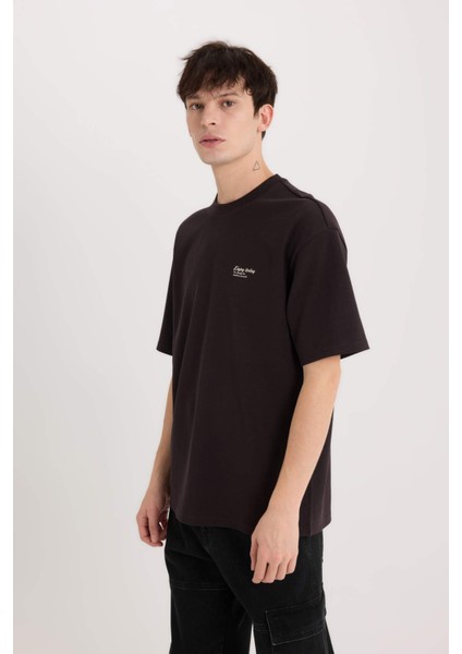 Boxy Fit Bisiklet Yaka Ütü Gerektirmeyen Nefes Alabilen Baskılı Kısa Kollu Ağır Kumaş Tişört D5507AX25SP