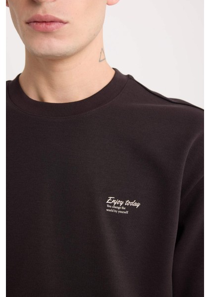 Boxy Fit Bisiklet Yaka Ütü Gerektirmeyen Nefes Alabilen Baskılı Kısa Kollu Ağır Kumaş Tişört D5507AX25SP