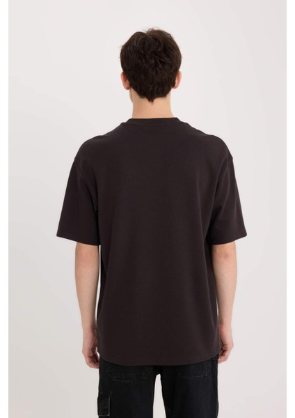 Boxy Fit Bisiklet Yaka Ütü Gerektirmeyen Nefes Alabilen Baskılı Kısa Kollu Ağır Kumaş Tişört D5507AX25SP