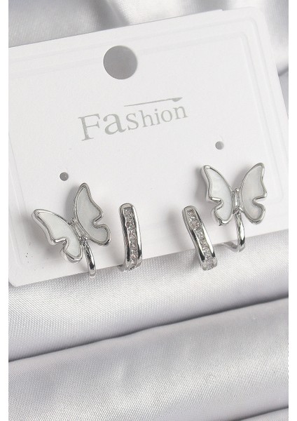 Pirinç Gümüş Renk Zirkon Taş Detaylı Beyaz Sedefli Kelebek Model Kadın Küpe fiyatları