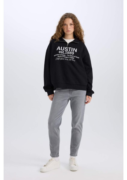 Oversize Geniş Kalıp Yarım Fermuarlı Sırt Baskılı Sweatshirt E1525AX24WN