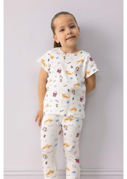 Kız Bebek Pijama Takımı Desenli Kısa Kollu Fitilli Kaşkorse Üst Beli Lastikli Uzun Alt E1540A525SM