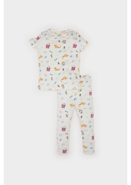 Kız Bebek Pijama Takımı Desenli Kısa Kollu Fitilli Kaşkorse Üst Beli Lastikli Uzun Alt E1540A525SM