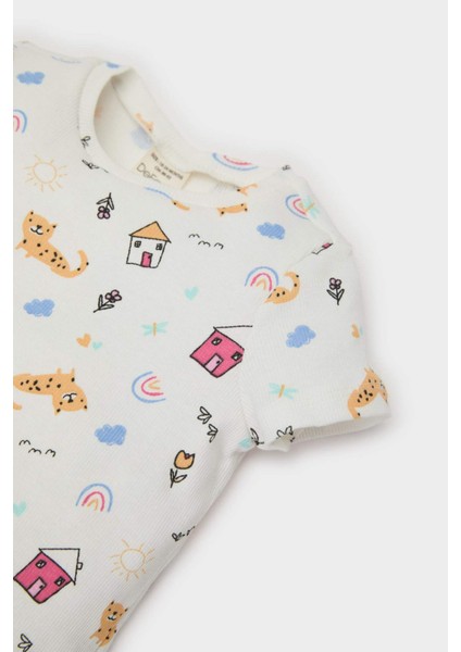 Kız Bebek Pijama Takımı Desenli Kısa Kollu Fitilli Kaşkorse Üst Beli Lastikli Uzun Alt E1540A525SM