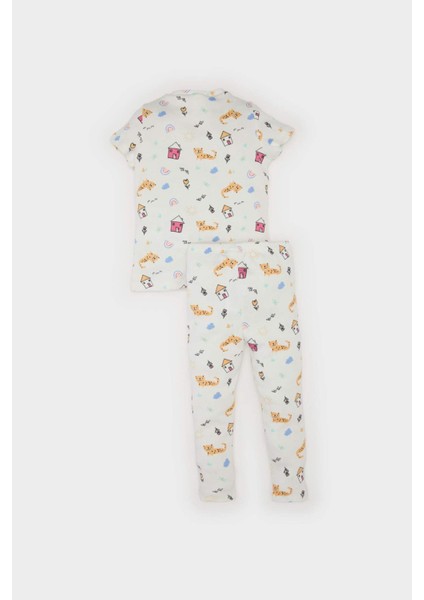 Kız Bebek Pijama Takımı Desenli Kısa Kollu Fitilli Kaşkorse Üst Beli Lastikli Uzun Alt E1540A525SM