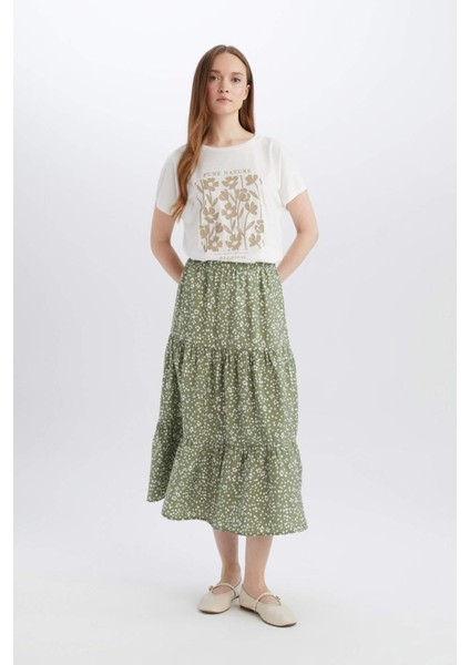 Beli Lastikli Çiçek Desenli Midi Etek