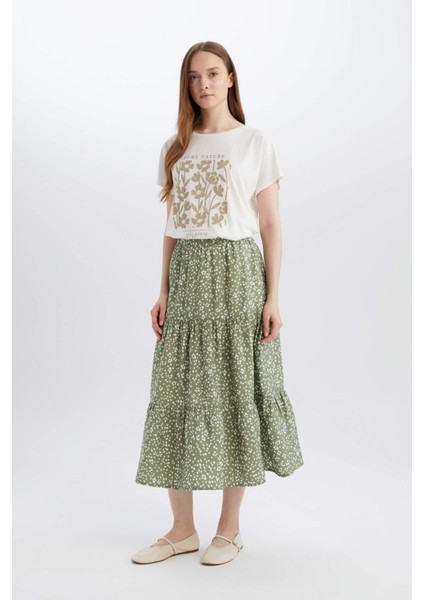 Beli Lastikli Çiçek Desenli Midi Etek