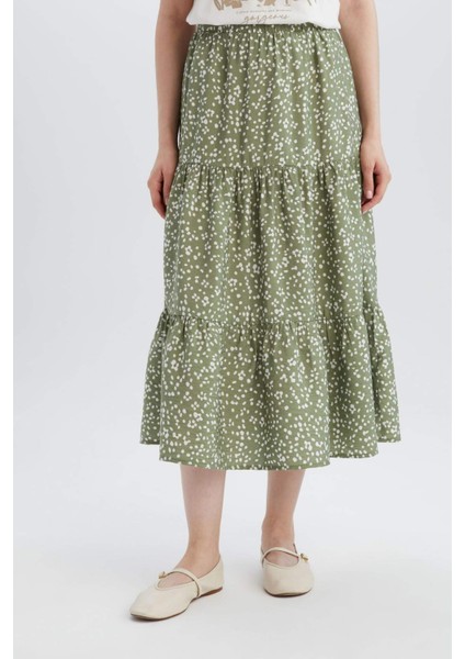 Beli Lastikli Çiçek Desenli Midi Etek