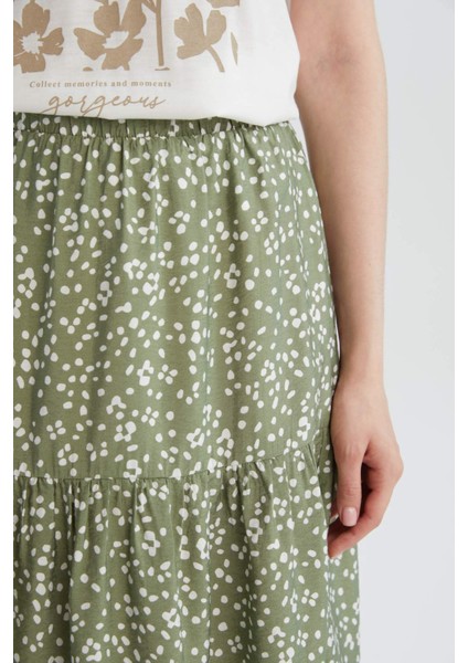 Beli Lastikli Çiçek Desenli Midi Etek